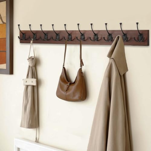 Image of IBosins 34'' Coat Rack Wall Mount with 10 Decorative Tri-Hooks, Heavy Duty Wood Coat Hanger, Rustic Coat Hooks Rail for Entryway Living Room Coat Scarf Bag Towel Hat