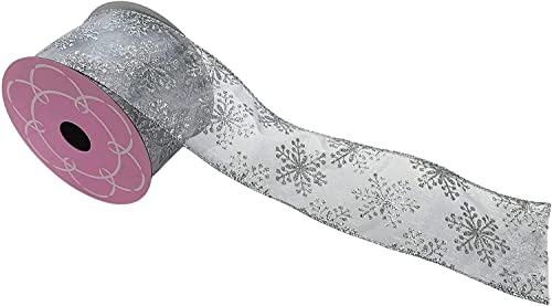 Image of Silver Snowflake Sheer Christmas Ribbon - 2 1 /2 inch x 10 Yards, Wired Ribbon, Gift Wrapping, Wreath Decoration, Garland, Tree Topper Bow, Winter, Gift Basket, Bows, Winter Decor