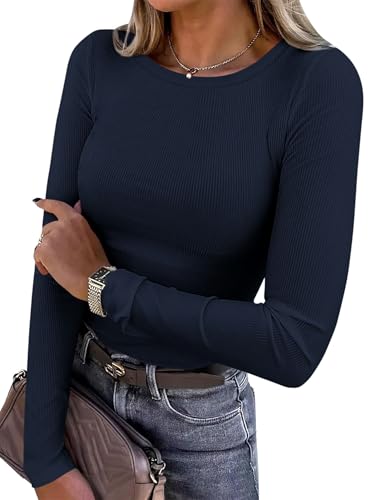 PRETTYGARDEN Women 2025 Fall Clothes Long Sleeve Shirts Ribbed Knit Fitted Basic Tee Going Out Tops Underscrub Casual Outfits (Navy Blue,Medium)