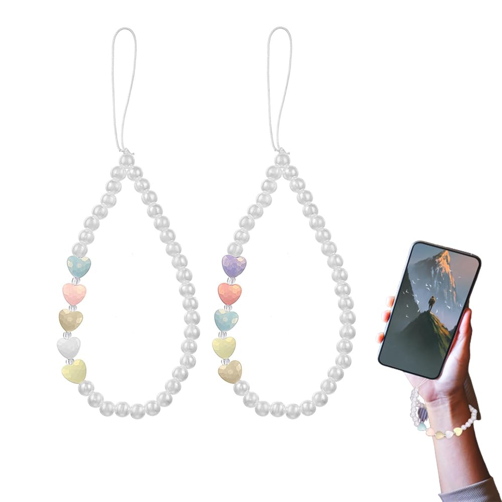 Azonee Pearl Phone Lanyard, 6 Pcs Beaded Love Phone Charm Wrist Strap Handmade Phone Chain Short U Disk Pendant for Women Girls