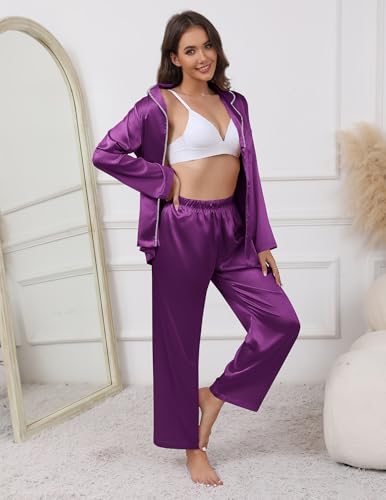 Image of Ekouaer Pajamas For Women Set Silk Pjs 2 Piece Satin Sleepwear Long Sleeve Button Down Lounge Sets With Pant