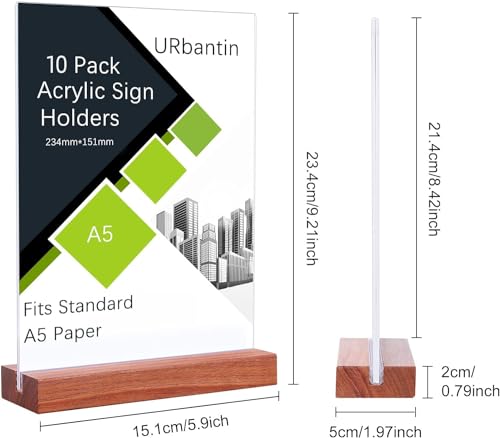 URbantin A5 Ständer Aufsteller Acryl Tischaufsteller,10 Stück T-Ständer Werbeaufsteller T-Aufsteller,Doppelseitig Schildhalter für Restaurant,Hotel,Dokumente,Büro, Geschäft (Holzsockel)