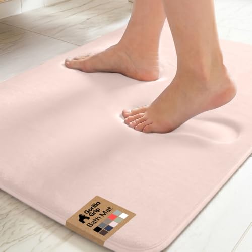 Image of GORILLA GRIP Memory Foam Bath Mat, Soft Absorbent Velvet Bathroom Mats, Durable Dots on Underside, Machine Washable Bathmat, Carpet Rug Room Decor for Shower Tub Floor RV, 30x20 Rugs, Pink