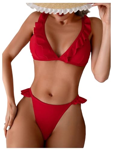 SweatyRocks Women's 2 Piece Swimsuits Ruffle Trim Spaghetti Straps Triangle Bikini Set3