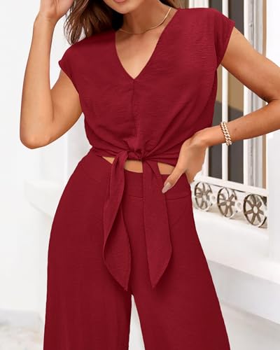 Image of PRETTYGARDEN Women's Summer 2 Piece Outfits 2026 Cap Sleeve V Neck Belted Crop Tops Wide Leg Pant Sets Casual Tracksuit