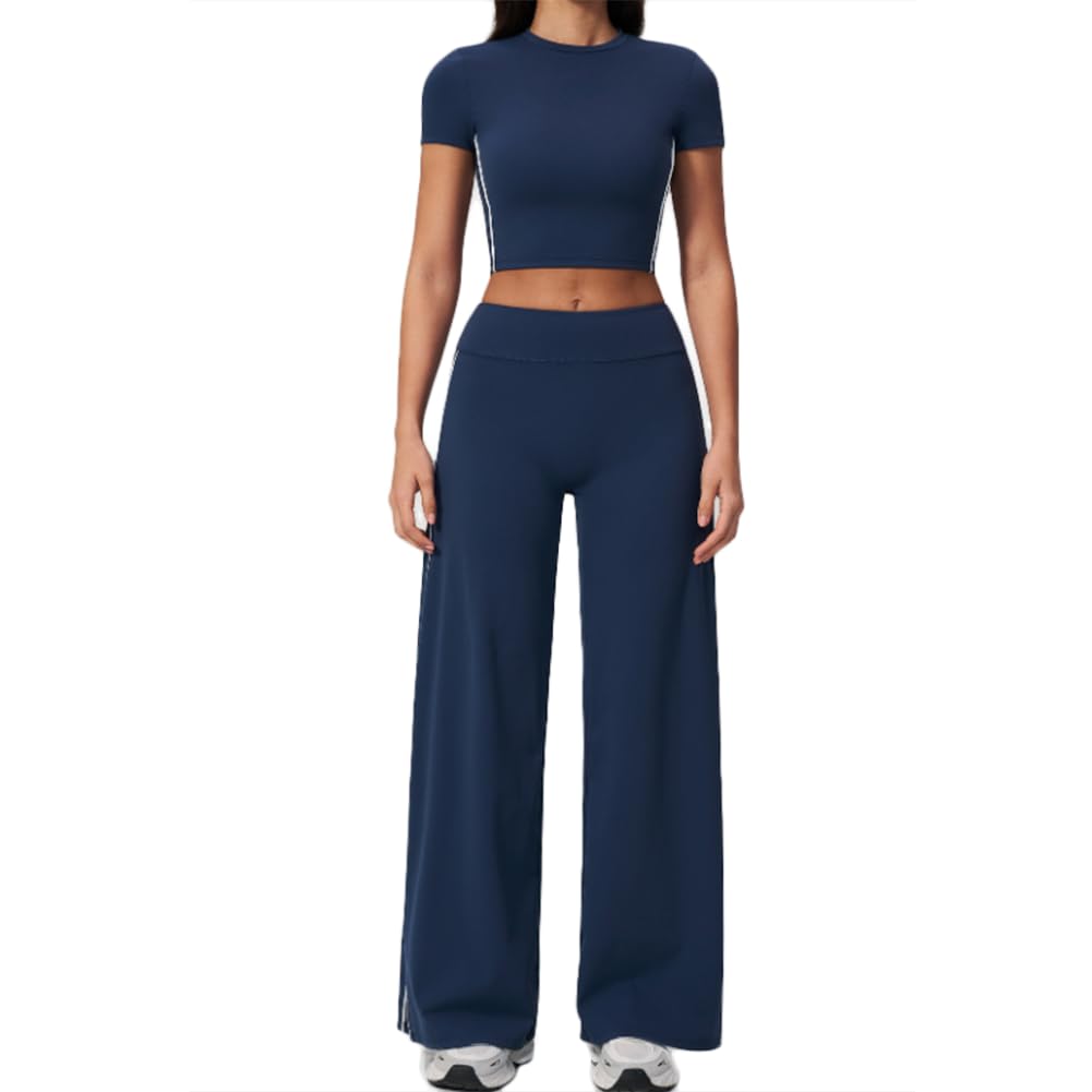 JPXJGT 2 Piece Activewear Set Short Sleeve Crop Top + High Waist Wide Leg Pants Yoga Tracksuit(Size:S,Color:Blue)