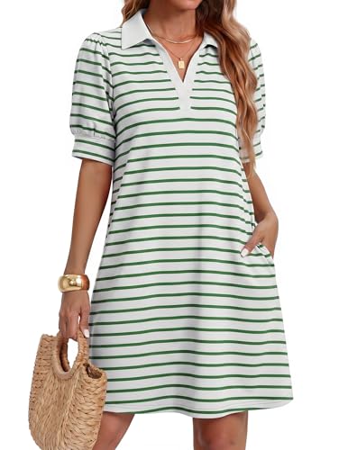 Image of ZESICA Womens Summer Striped T Shirt Mini Dresses 2026 Casual Lapel V Neck Short Sleeve Flowy A Line Beach Vacation Dress