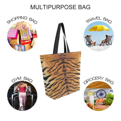 Image of Tiger Print Canvas Tote Grocery Bag Shoulder Casual Book Bag Large for Women Teachers, Animal Cotton Bag Shopping Purse Handbag Reusable Multipurpose Use