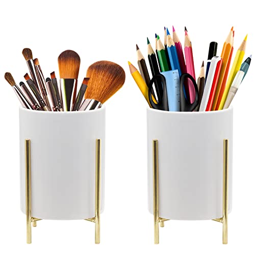 Pencil Holder for Desk, Ceramic Pen Holders with Black Metal Bracket for Office &Family, Desktop Stationery Organizer Cute Table Makeup Brush Holder for Women.