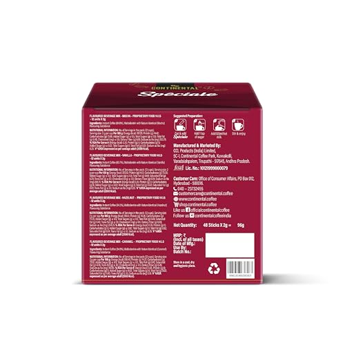 Image of Continental Speciale Assorted Coffee Sachets - 192gm | Pack of 96 | Flavour Instant Coffee Powder | 2g Each - Hazelnut, Vanilla, Mocha, Caramel | Makes 96 Cups | Enjoy Hot or Cold