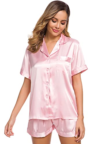 Image of SWOMOG Womens Silk Satin Pajamas Set Short Sleeve Sleepwear Button Down Top and Shorts Loungewear 2 Piece Pjs Set XS-3XL