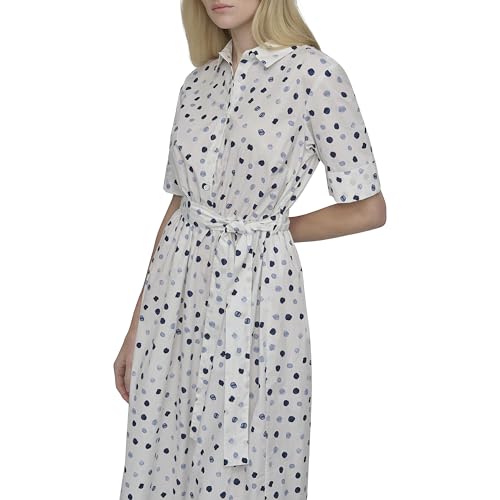 Image of DKNY Women's Short Sleeve Cotton Poplin Collared Midi Shirtdress
