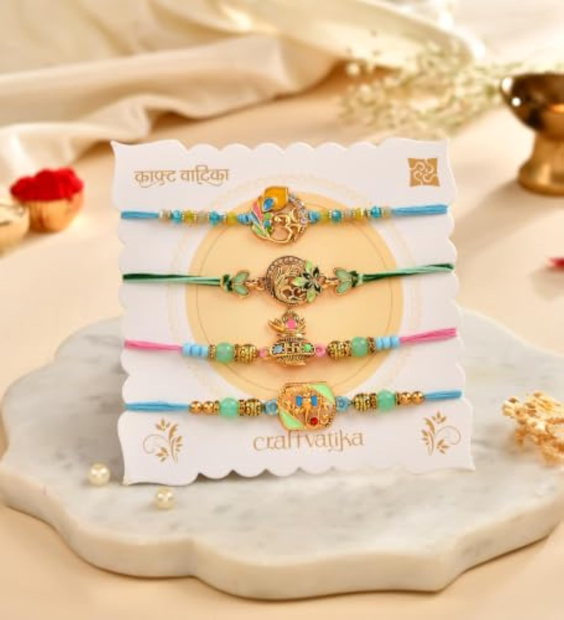 4pc Traditional Rakhi Set with Ganesha Om Kalash for Brother