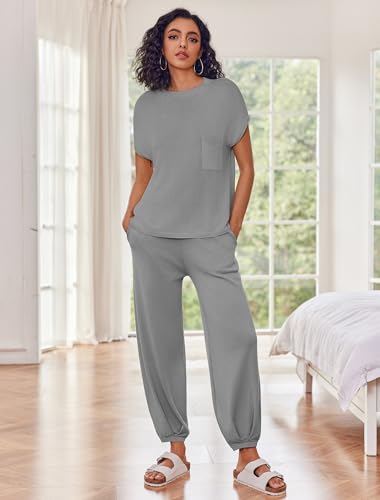 Image of Ekouaer Two Piece Outfits Lounge Sets for Women Sweater Sets Knit Short Sleeve Tops Jogger Pants Matching Tracksuit