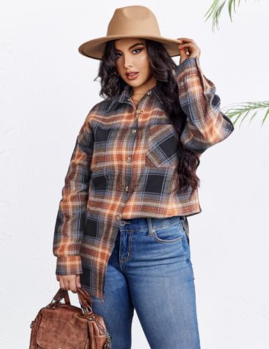 IN'VOLAND Womens Plus Size Flannel Plaid Shirts Roll Up Long Sleeve Casual Collared Button Down Shirt Loose Blouse Top3