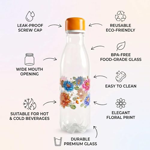 Image of RED WIND Unbreakable 1 Litre Transparent Floral Print Water Bottles | Pack of 3 | Multicolor | Leakproof Screw Cap | BPA-Free | Bottles for Fridge, Gym, Home, Office, School and Travel