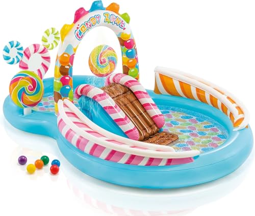 INTEX Candy Zone Inflatable Kiddie Pool: Inflatable Kids Pool with Water Sprayer and Slide – Splash Pad – 116' x 75' x 51' – Ages 3+