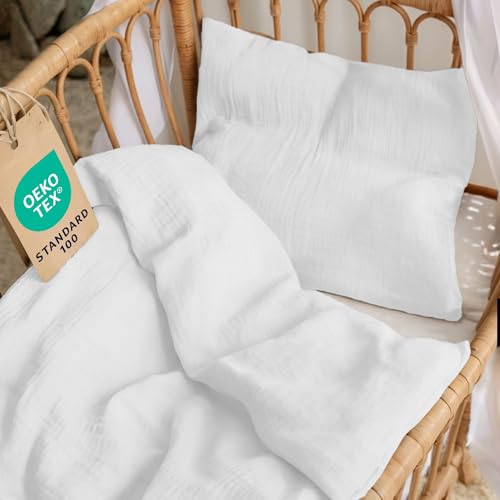 Dreamzie Funda nordica 80x80 cm con Funda de Almohada 35x40 cm – Ropa de Cuna en Muselina de algodón certificada Oeko-Tex – Color Blanco