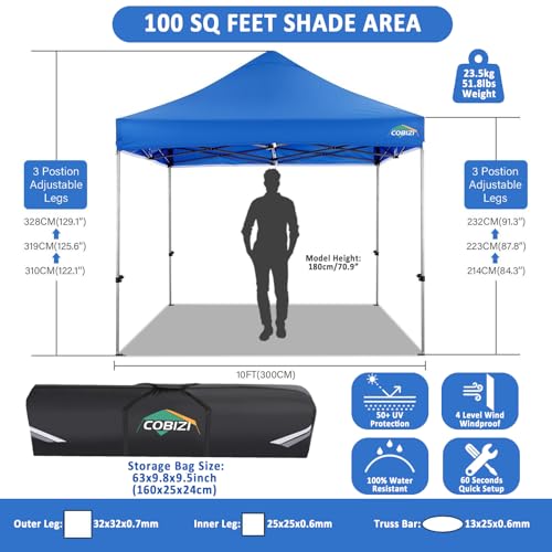 Image of COBIZI 10x10 Pop Up Canopy Tent,Heavy Duty Canopy(Blue Gray No Sidewalls)