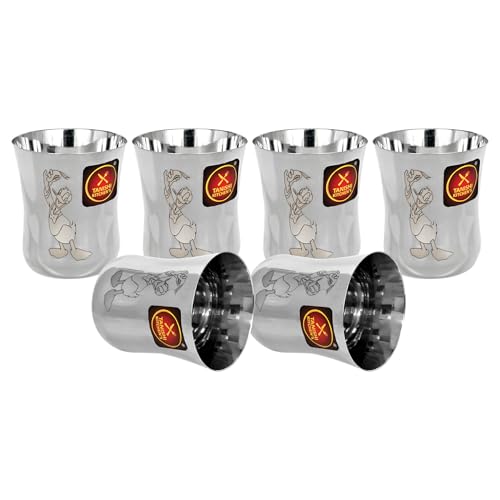Image of TANISHI KITCHEN'S Stainless Steel Donald Duck Cartoon Glasses for Kids | Set of 6 (Small) 100 ml Each | Unbreakable & BPA-Free Drinking Tumblers for Water, Milk, Juice | Fun & Safe Cups for Children