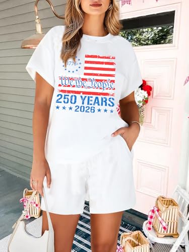 Image of VILOVE 4th of July 2 Piece Sequin Outfits Women 250 Anniversary Usa Shirts and Short Sets Casual Patriotic Shirt Summer Set