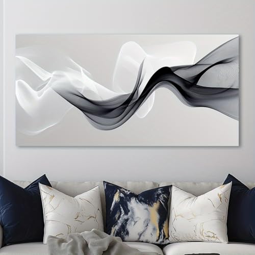 Tableau vagues noires et blanches abstrait de grand format avec châssis intégré