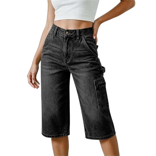 Pantacourt en jean femme coupe droite extensible de style bermuda long idéal pour la saison d'été
