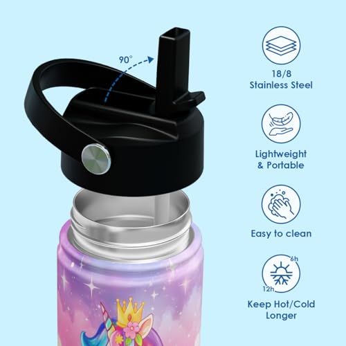 Image of SANDJEST Kid Water Bottle 12oz with Straw Lid - 2-Pack Insulated Stainless Steel Water Bottles for Kids Girls - Travel Cup for Back to School Sports Christmas Birthday (Unicorn & Mermaid)