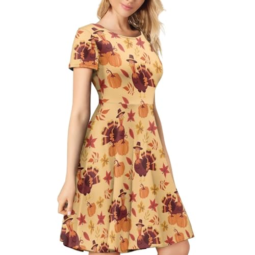 Image of Forchrinse Thanksgiving Turkey Dress for Women Fall Round Neck Midi Dresses Plus Size Short Sleeve Party Swing Sundress,S-4XL