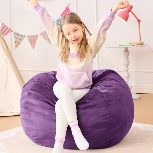 Image of Bean Bag Chairs for Kids - 2.5FT Round Memory Foam Furniture BeanBag Chair - Kids /Teens Bean Bag Sofa with Soft Micro Fiber Cover - Fluffy Couch for Playroom Living Room Bedroom, Purple