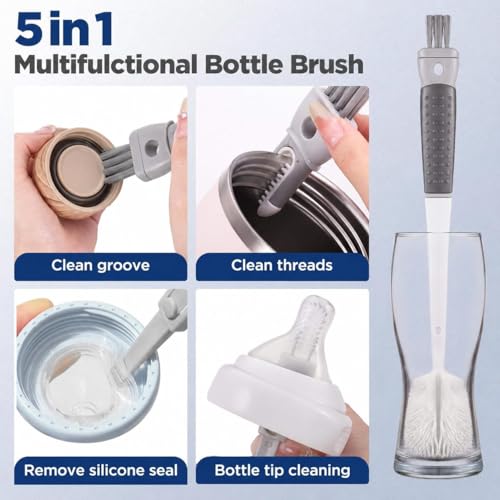 Image of 5 in 1 Bottle Cleaning Brush Set with Long Handle for Water Bottle, Baby Bottle, Flask & Glass Cleaning | Multifunctional Bottle Cap Cleaner Brush Set (Large, 1, Count)