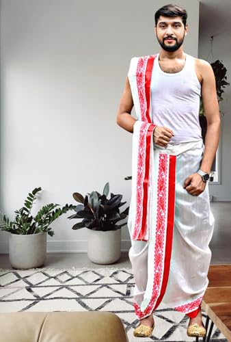 Image of Men's Ethnic | Traditional Ready to wear (Pant System) Readymade Panchakacham Dhoti With Angavastram(Towel) Set, Tassar Silk, Free Size (GC002)