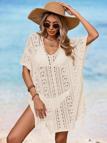 Womens Crochet Knit Swimsuit Coverup Beach Dress Summer 2025 Oversized V Neck Cap Sleeve Bathing Suit Cover Up4