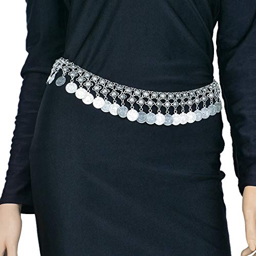 TianBo Vintage Antique Silver Color Coin Tassels Pendant Belly Dance Body Chain Waist Chains Turkish Gypsy Carving Beach Belt Body Jewelry for Women Size 35-41in Adjustable2