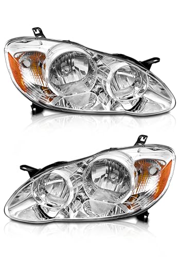 AXLAHA Headlight Assembly Pair for 2003-2008 Toyota Corolla CE LE S XRS 4-Door Sedan Chrome Housing Amber Reflector Driver & Passenger Side Replacement Headlights