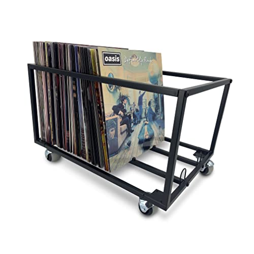 Soporte de almacenamiento de discos de vinilo sobre ruedas, capacidad para hasta 100 LP, soporte de exhibición para álbumes, organizador de almacenamiento de discos de vinilo