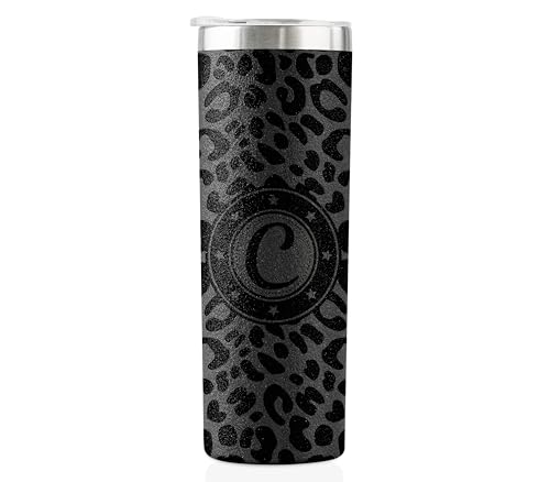Onebttl Personalized Leopard Cup with Initial - Unique Cool Gifts for Women Who Have Everything on Birthday, Christmas - 20 oz Double-Wall Vacuum Tumbler with Lid and Straw - Black Glitter - Letter C