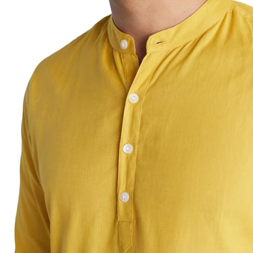 Image of SAADAA Men's Long Kurta - Linen Cotton Blend, Airy Fabric, Regular Fit, Mandarin Collar, Solid Color - Casual, Festive & Ethnic Wear