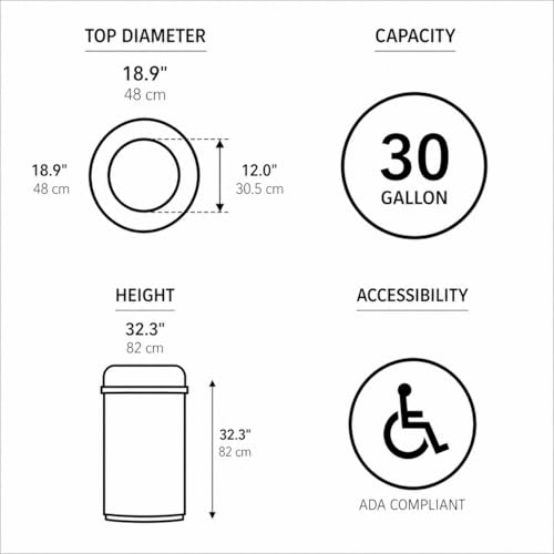Image of simplehuman All Steel Bullet Can, 115L / 30 Gallon Premium Commercial Trash Can for Hotels, Museums, Galleries, Upscale Spaces, Heavy Gauge Steel, ADA-Compliant, Brushed Stainless Steel