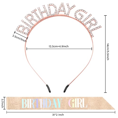 Birthday Sash Birthday Crown for Women, Birthday Girl Sash, Birthday Girl Crown, Glitter Rose Gold Birthday Sash and Crown Rhinestone Headband Set, Happy Birthday Girl Princess Tiara Sash Accessories