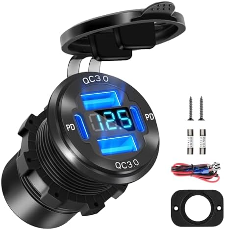 Daakro 12 V USB C Socket 78 W 4 Ports Aluminium Charger Power Dual PD 30 W and Dual QC 18 W 12 V Built-in USB with LED Voltmeter Cigarette Lighter Plug for Motorhome Boat Truck Motorcycle Car