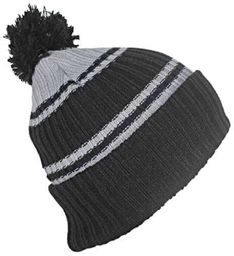 Best Winter Hats Quality Striped Beanie with Solid Cuff & Matching Pom - Black/Gray