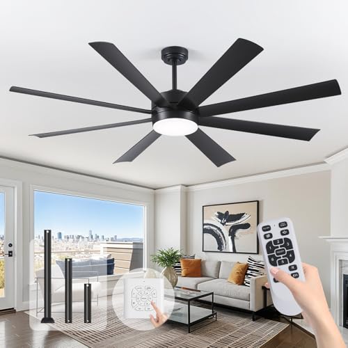 qlodgat 72 Inch Ceiling Fans with Lights Ceiling Fans with Lights and Remote Dimmable Indoor/Outdoor Black Modern Ceiling Fan for Kitchen Living Room Patio Shop Industrial Dual Finish 8 Blades