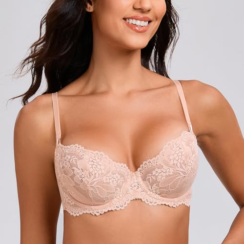 Image of MELENECA Women's Balconette Floral Lace Unlined Lift Underwire Bra | Sheer unlined feel, sexy lift shape,Convrtible Straps, Push up effect, supportive wire fit, ideal for low-cut and daily wear