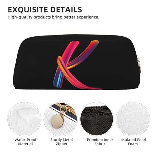Image of Cute Initial Pencil Case for Kids Simple Leather Pencil Pouch for Boys Girls Letter Design Pencil Box Pen Bag Pencil Pouch Office Stationery Organizer, Rainbow Letter K