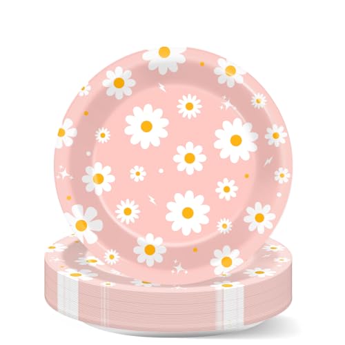 Image of Qyeahkj 48 PCS Daisy Paper Plates 7 Inch Daisy Flower Party Supplies Groovy Tableware Set Pink Groovy Boho Dessert Plates Decorations for Birthday Baby Shower Wedding Disposable Party Favors