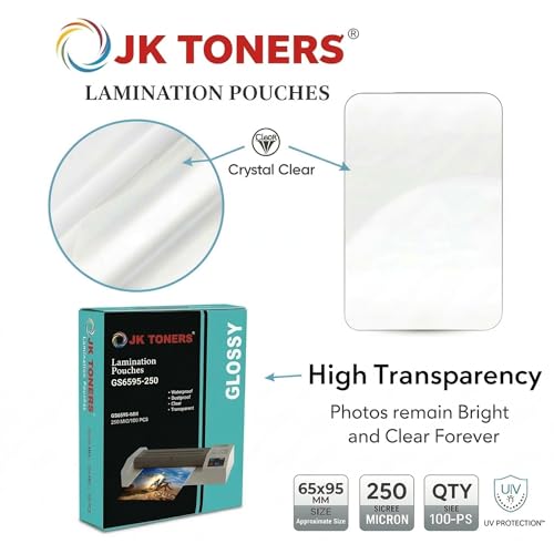 Image of JK Toners 65mmx95mm 100 X 2 Pack Laminating Pouches, Clear Glossy Finish, Waterproof | Perfect for Document & Certificate Protection (Pack of 100) (65mmx95mm (250 Micron))