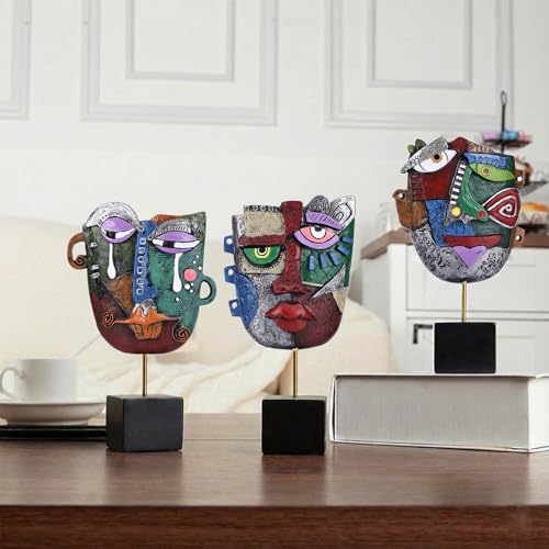 Picasso Style Abstract Face Mask Statue Set of 3, Colorful Modern Decor Table Sculpture, Unique Home Decor Accents, Funky Art Deco Shelf Decor for Coffee Table, TV Stand Accessories, Entryway, Office