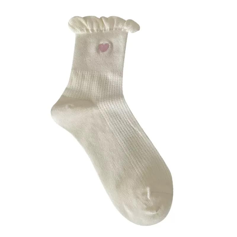 レディース フリル付き ソックス, 刺繍ハート付き 中筒丈, 日系可愛いスタイル, 白色, 春秋用 [並行輸入品]