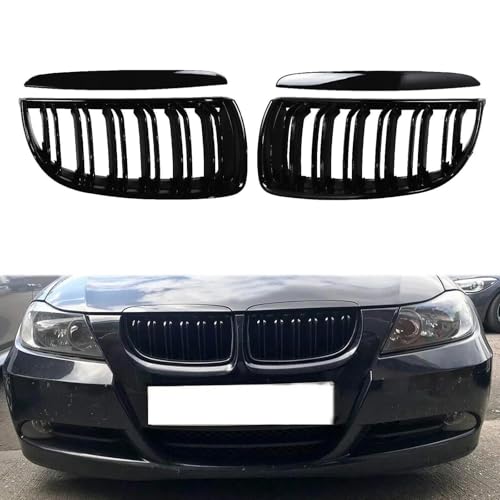 Calandre avant pour BMW Série 3 E90 E91 2005-2008 à double lattes noir brillant - 4